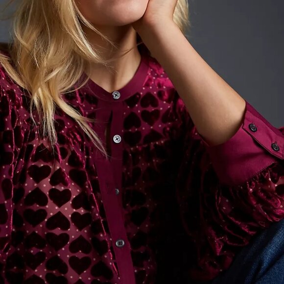 Anthropologie Maeve Velvet Burnout Blouse Heart Red Sheer Top - Picture 3 of 14